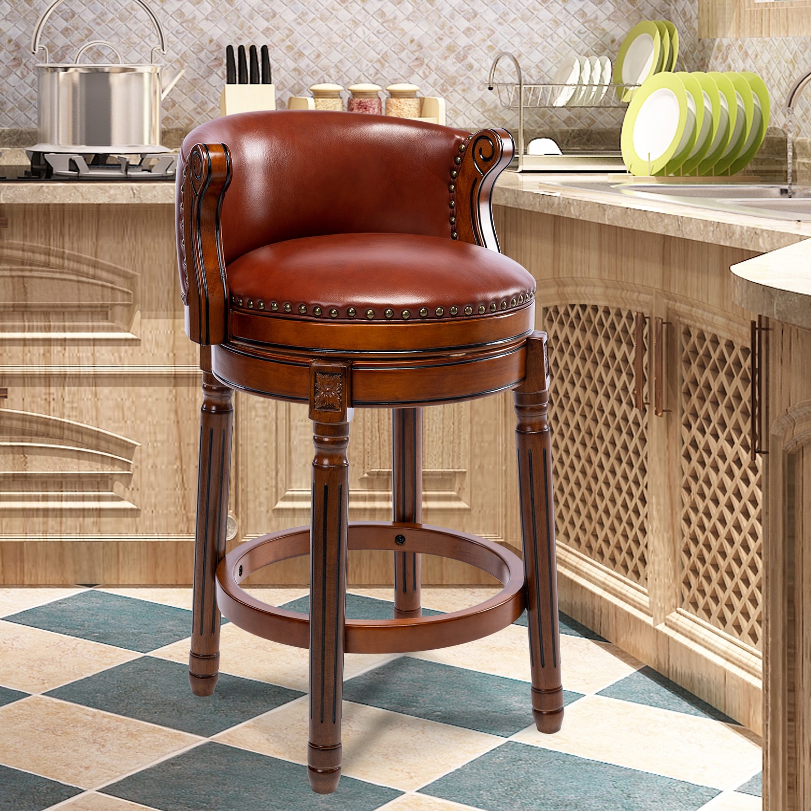 Seat height 26'' Cow top Leather Wooden Bar Stools, 360 Degree Swivel Bar Height Chair with Backs for Home Kitchen Counter